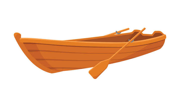 Wooden paddle boat with oars. Cartoon boat. Isolated on white background