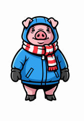 Fototapeta premium Animal in winter clothes stands cheerfully, wearing a blue coat and striped scarf, embodying adorable charm. Animal in winter clothes is ready for cold weather, creating a heartwarming scene.
