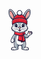 Fototapeta premium Cute animal in winter outfit with knitted red hat and scarf. Animal in winter outfit portrait with cheerful rabbit waving paw, symbolizing cold season and festive spirit.