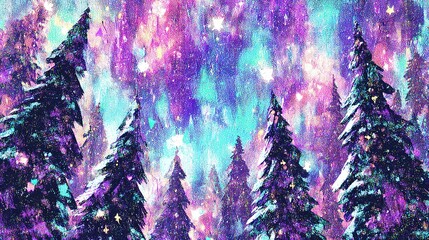 Christmas trees, vibrant cosmic - like sky with stars, in a colorful snowy forest scene, wide view, copy space