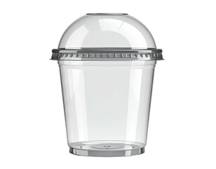 A clear plastic beverage cup with dome lid, viewed at eye level on a black background