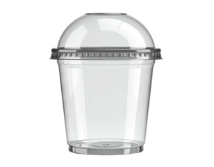 A clear plastic beverage cup with dome lid, viewed at eye level on a black background