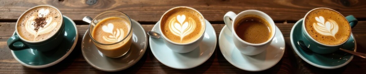 Fototapeta premium Multiple coffee drinks in various cups on wooden tabletop, americano, warm
