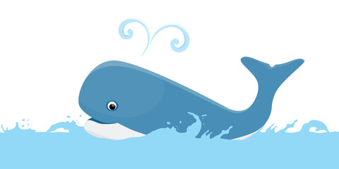 Sea animal whale in water, sea or ocean. Underwater marine life. Cartoon whale character with fountain