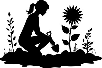 Woman Gardening with Sunflower Silhouette