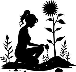 Woman Gardening with Sunflower Silhouette