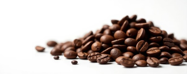 Fototapeta premium Pile of coffee beans against pure white backdrop, beverage, caffeine