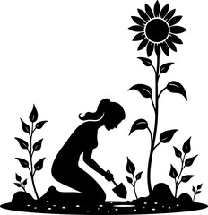 Woman Gardening with Sunflower Silhouette