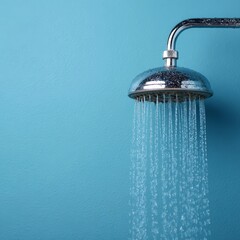 A refreshing shower head with water cascading down, set against a captivating blue backdrop. The image creates a sense of cleanliness and revitalization