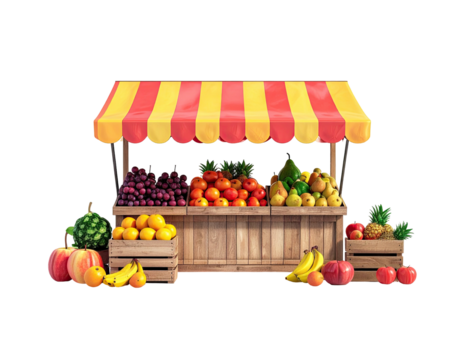 Colorful fruit stand with a striped awning, showcasing a variety of fresh produce - Powered by Adobe