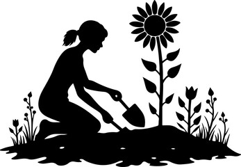 Woman Gardening with Sunflower Silhouette