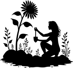 Woman Gardening with Sunflower Silhouette