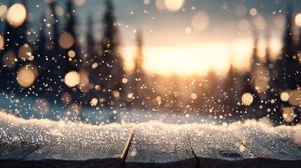 Christmas snowy wooden surface, golden bokeh lights, in a winter forest sunset scene, close up, copy space