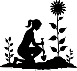 Woman Gardening with Sunflower Silhouette