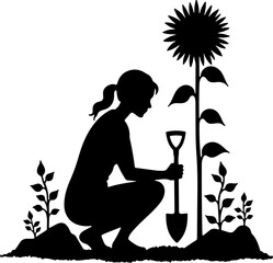 Woman Gardening with Sunflower Silhouette