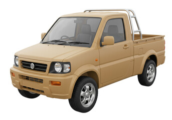 Tan mini pickup truck isolated, compact utility vehicle on transparent background, small truck for light hauling and deliveries