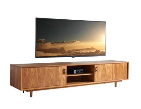 TV setup featuring a large screen and a wooden cabinet against a black backdrop