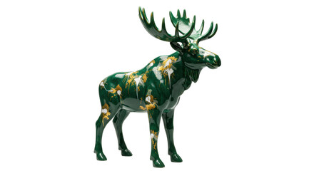 Obraz premium Green moose statue isolated on transparent background, decorative animal figurine with gold and white paint splatters for home decor