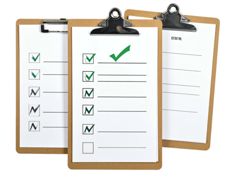Three clipboards with checklists, some items marked, showing completion
