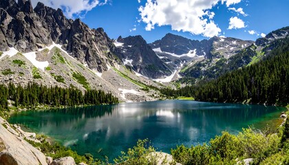 Mountain lake panorama under a sunny sky