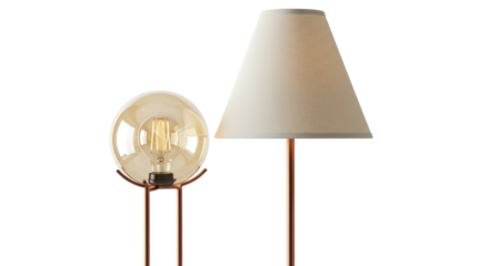 Modern floor lamp with lampshade and light bulb isolated, contemporary lighting fixture for interior design and home decor