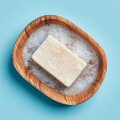 A soap bar in a wooden bowl filled with bubbles