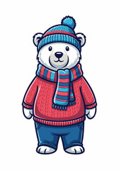 Fototapeta premium Illustration of polar bear wearing winter clothes with blue hat and striped scarf. Winter clothes make it cosy. Illustration of polar bear, cartoon character wearing winter clothes for cold season.