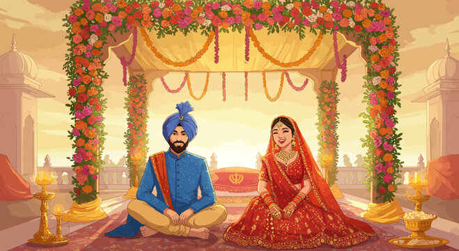 Illustration of a sikh wedding couple under a floral mandap at a gurudwara