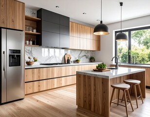 Bright Kitchen Interior with Wooden Cabinets Granite Countertops Stainless Steel Refrigerator Island with Stools and Natural Light from Window View