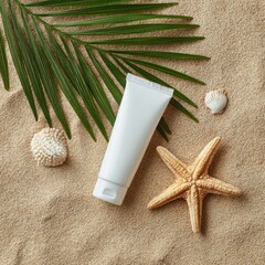 Sunscreen bottle, starfish, shells, and a palm leaf arranged on sand