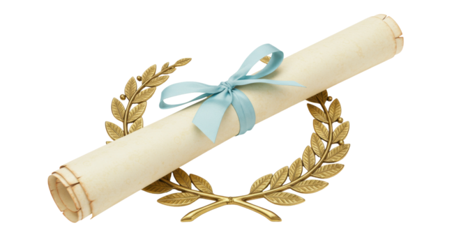 Diploma scroll with blue ribbon and golden laurel wreath isolated, graduation certificate PNG for academic achievement and success