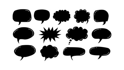 Collection of hand drawn black speech bubbles and thought bubbles on white background