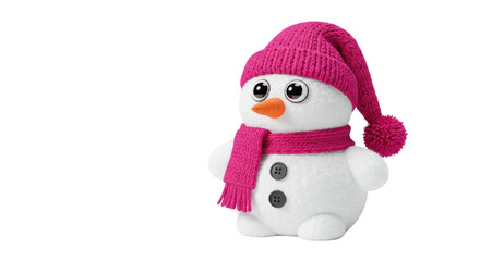 Cute snowman with pink hat and scarf isolated PNG, festive winter holiday character for Christmas and New Year designs