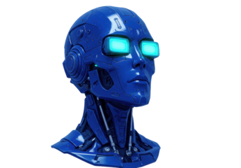 Blue futuristic robot head isolated on transparent background, cyborg head with glowing eyes PNG for science fiction concept