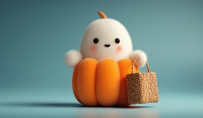 A cute little ghost inside a pumpkin with fluffy fur carrying a basket on its shoulder against a simple background for Halloween concepts
