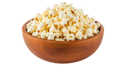 Popcorn in a wooden bowl isolated on white, snack food for movie night and entertainment