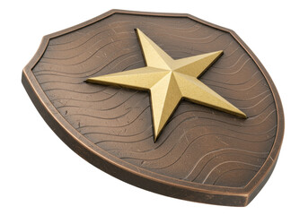 Bronze shield with golden star isolated, decorative emblem with textured surface for awards and military themes, no background