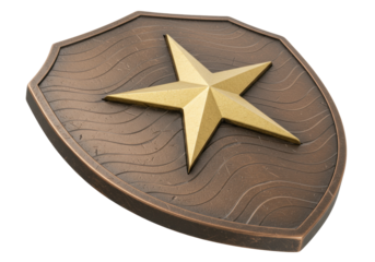 Bronze shield with golden star isolated, decorative emblem with textured surface for awards and military themes, no background