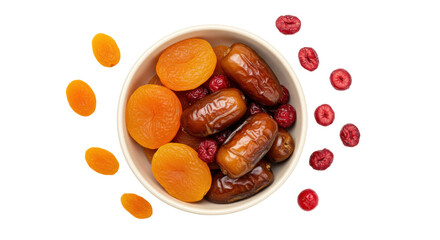 Dried fruit mix in bowl isolated on white, apricots dates and cranberries for healthy snack or ingredient PNG