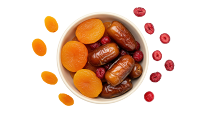 Dried fruit mix in bowl isolated on white, apricots dates and cranberries for healthy snack or ingredient PNG
