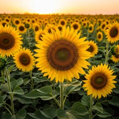 Obraz premium Champ de tournesols dorés sous un ciel d’été lumineux, symbole de chaleur, nature et sérénité