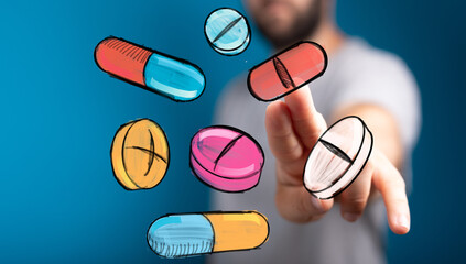 Image depicting a hand interacting with digital pills, ideal for healthcare, medicine, and technology concepts.