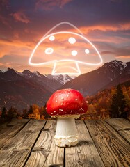 Red mushroom on wooden surface with mountain backdrop and sketched mushroom overlay at sunset