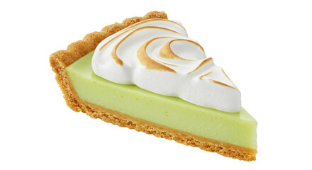 Key lime pie slice with meringue topping isolated, delicious dessert with graham cracker crust on a plain backdrop