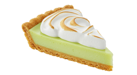 Key lime pie slice with meringue topping isolated, delicious dessert with graham cracker crust on a plain backdrop