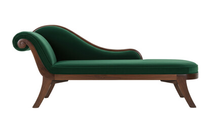 Elegant green velvet chaise lounge isolated on white, luxurious vintage style daybed for relaxation and interior design projects