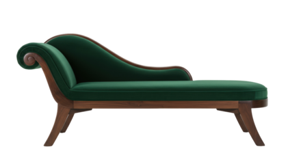 Elegant green velvet chaise lounge isolated on white, luxurious vintage style daybed for relaxation and interior design projects