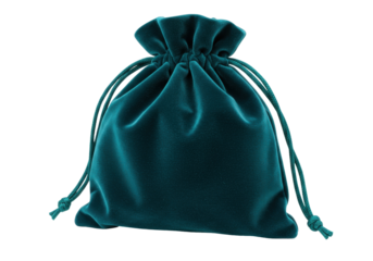 Elegant teal velvet drawstring bag isolated, soft pouch for jewelry, gifts, or small items on a clean background