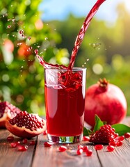 Fresh Pomegranate Juice Pouring into Glass with Bursting Splash and Fruit