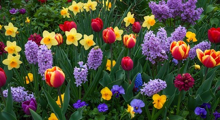 Vibrant mix of colorful spring flowers in a flourishing garden setting